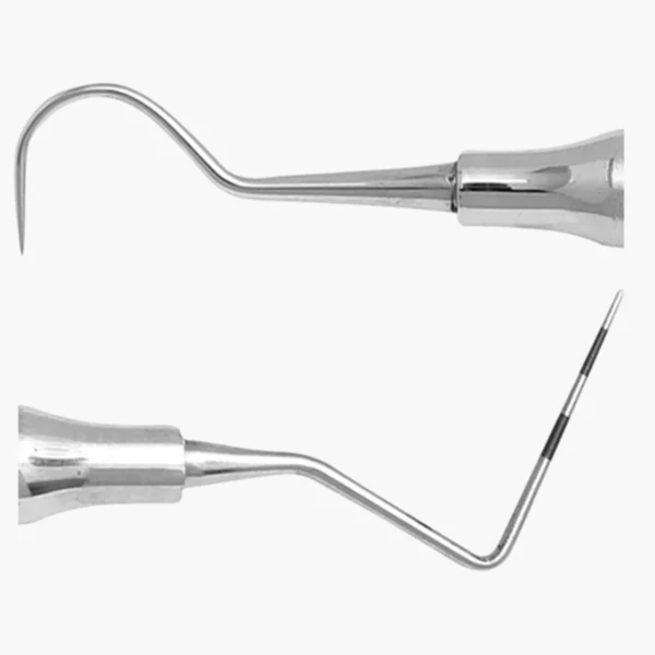 Close-up of both ends of the Double-Ended #23 Explorer and WHO Probe showing the sharp explorer tip and WHO 3-6-9-12 mm ball-end markings.