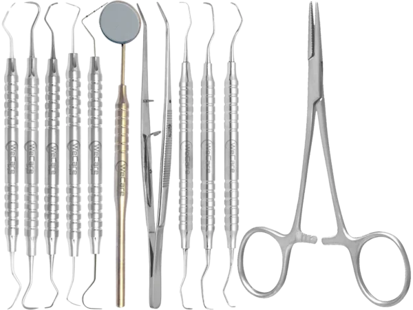 Periodontal Dental Instrument Kit – Scalers, Mirror & Hemostat Complete periodontal dental instrument kit with scalers, explorer, mirror, tweezers and hemostat